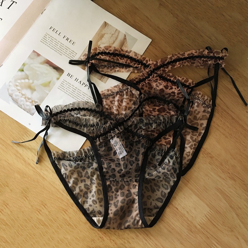 2025新款法式镂空蕾丝豹纹girl细带木耳边微透御姐低腰少女三角裤