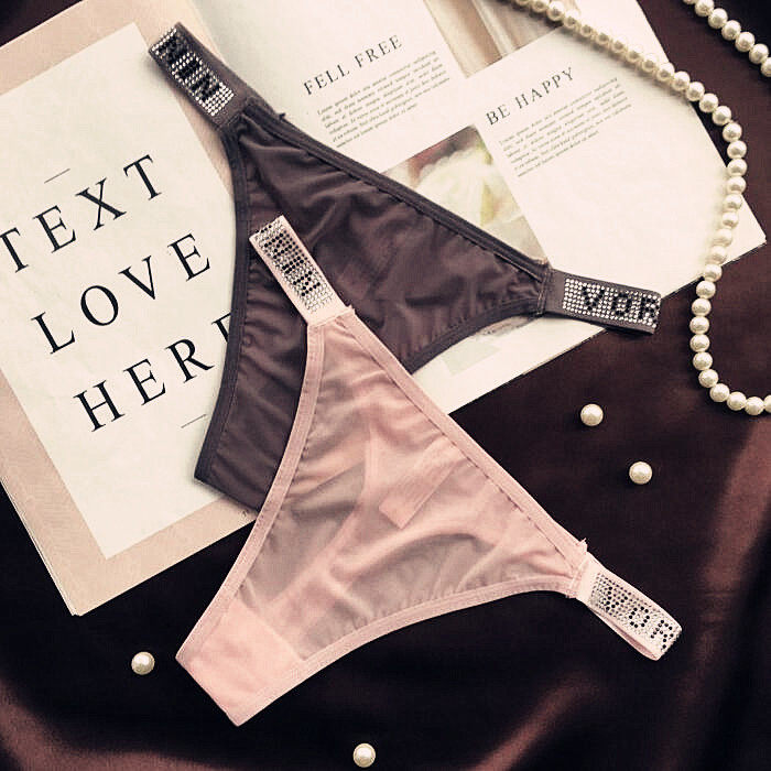 新品欧美性感透明超薄烫钻丁字裤t字内裤女低腰网纱短裤丝滑速干