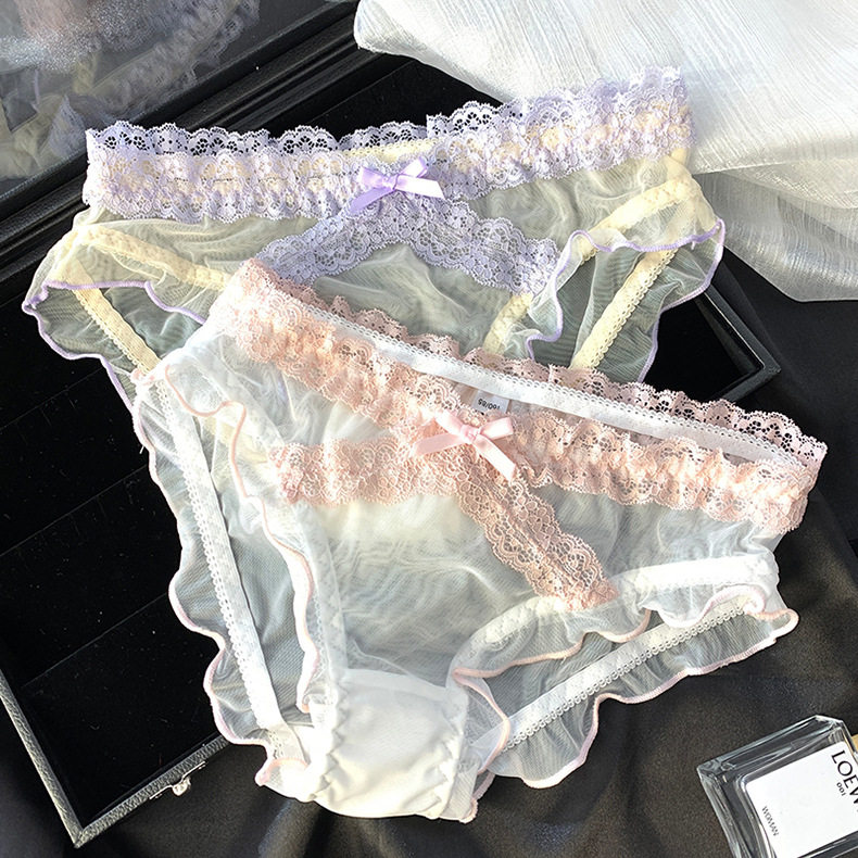 新款火辣性感透明网纱蕾丝交叉甜美荷叶边纯欲女低腰三角内裤速干,女士内衣/男士内衣/家居服,女三角裤,淘宝优惠券,粉丝福利购,淘宝优惠卷