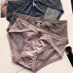 新品欧美风蝴蝶结丝滑蕾丝低腰三角内裤女网纱透明性感短裤速干