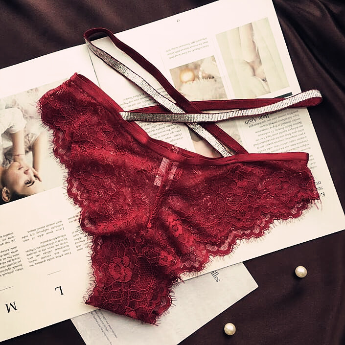 时尚睫毛蕾丝透明性感低腰三角内裤女亮丝腰头弹力带柔软镂空