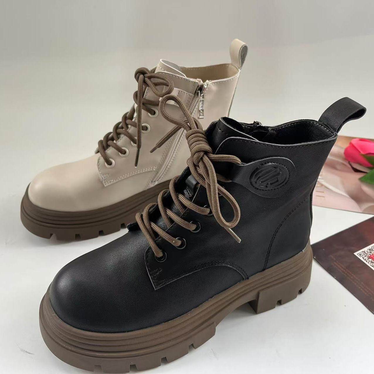 百~小牛皮女靴子英伦风马丁靴女冬季新款增高厚底舒适系带短靴子,女鞋,马丁靴,淘宝优惠券,粉丝福利购,淘宝优惠卷