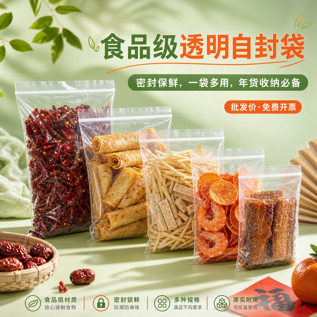 散装零食分装袋自封密封保鲜防潮收纳包装大小号食品级塑料透明袋
