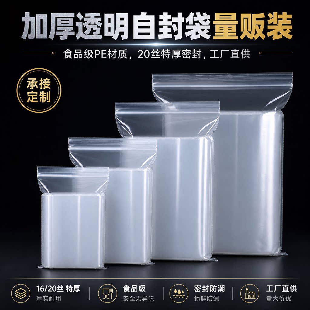 塑料自封口袋加厚密封袋子20丝透明塑封批发一次性大号pe食品级