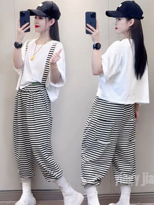 小个子套装搭配一整套夏季新款纯棉短袖九分条纹低档裤炸街俩件套