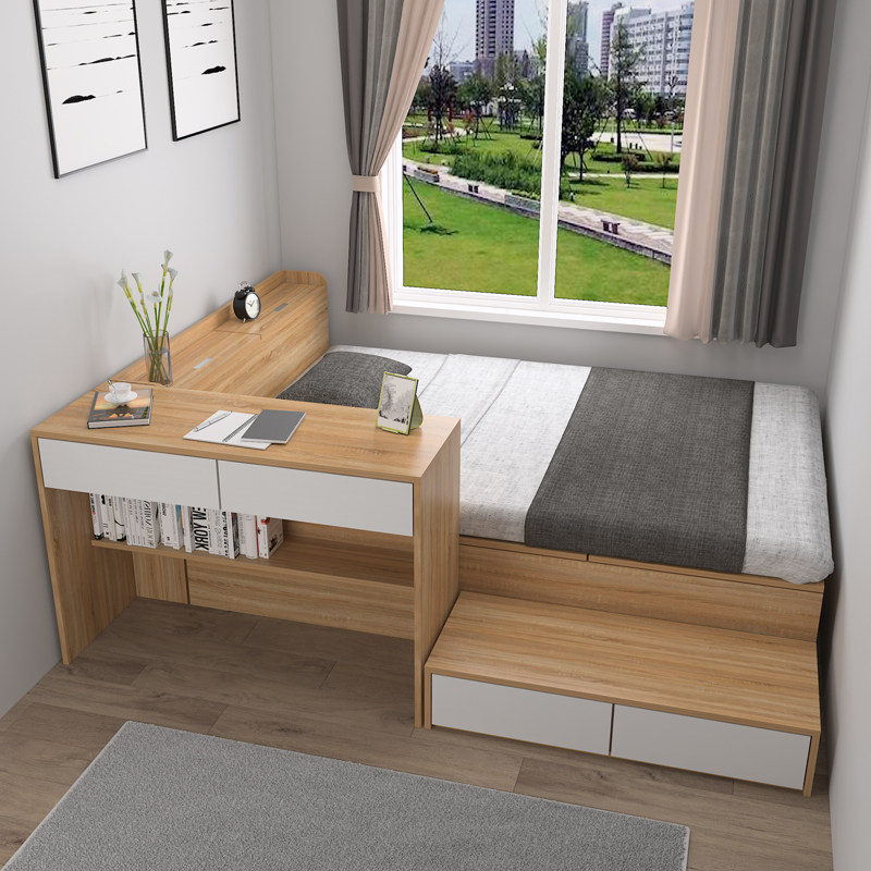 定制小户型单人床书桌床一体榻榻米床脚踏卧室日式高箱储物收纳床