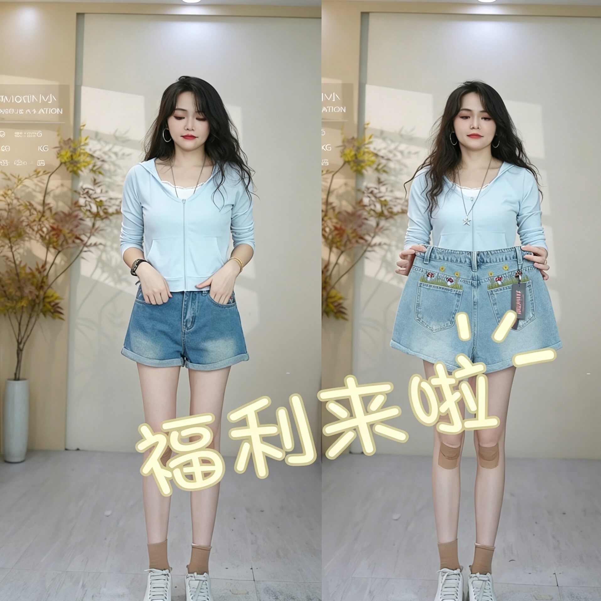 10/16Z品牌精灵田园风！蘑菇刺绣高腰显瘦A字版阔腿卷边短裤9370