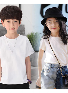 儿童白色t恤女童圆领黑色上衣纯棉男童纯色短袖扎染手绘定制班服