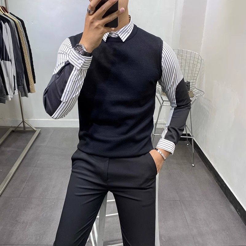 衬衫领假两件毛衣男装2022新款秋装上衣修身加绒加厚打底针织衫男