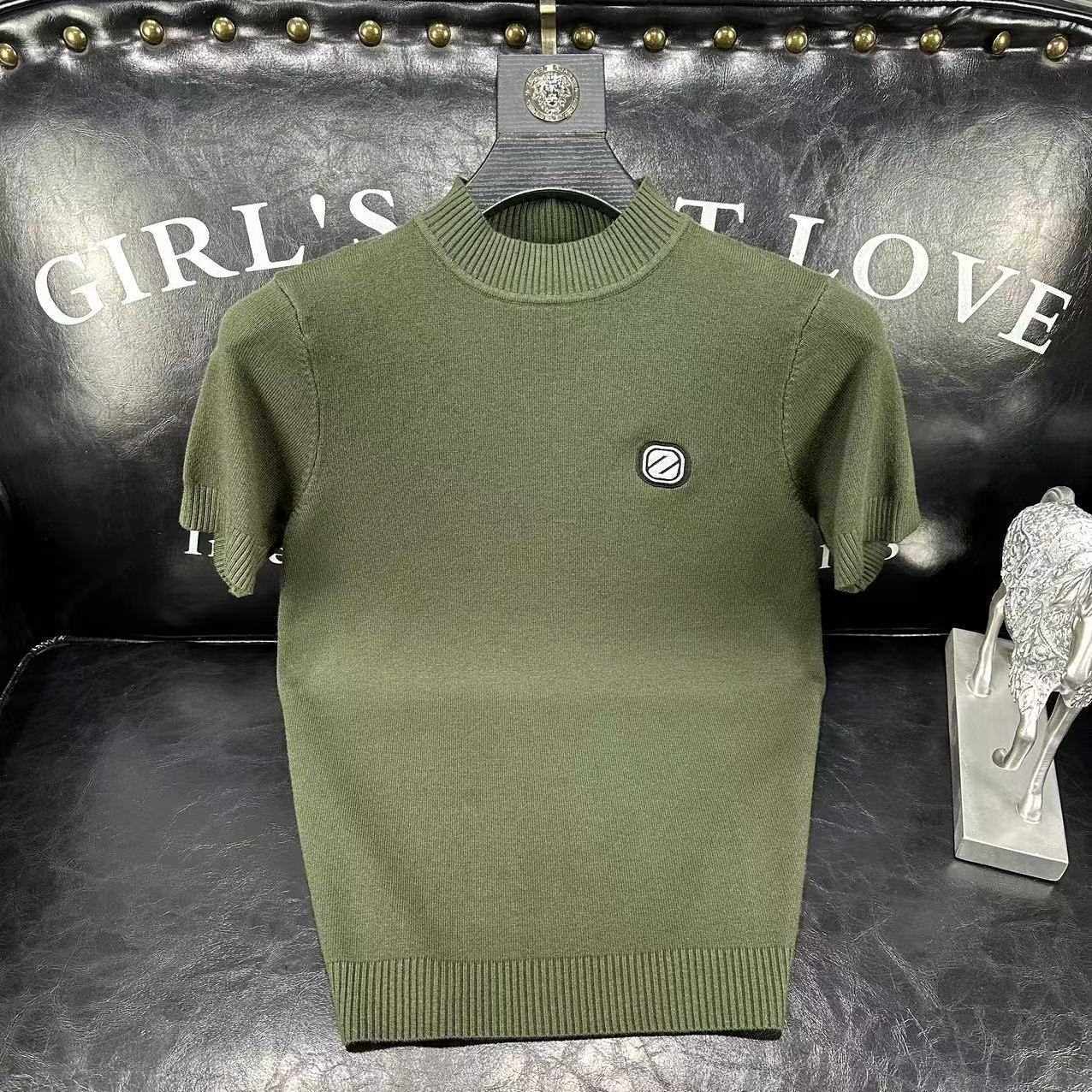 半高领短袖毛衣秋冬季男士简单字母刺绣大码针织衫潮牌半袖厚上衣