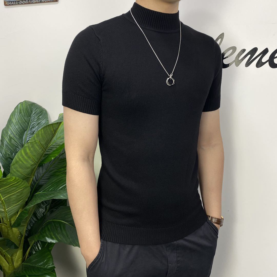 秋冬新款男士毛衣半袖青年韩版半高领毛衣男短袖圆领潮流针织衫T