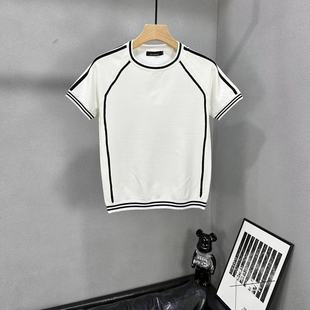 2023轻奢高级感条纹线条设计短袖t恤男士潮流针织冰丝夏装半袖