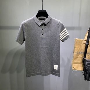 男士极简四条杠短袖毛衣翻领针织POLO衫秋冬季打底衫半袖2021新款