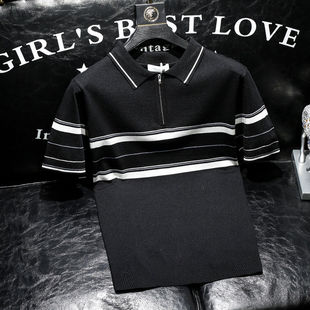 2023夏季新品翻领冰丝POLO衫男士条纹半拉链商务休闲男装短袖毛衫