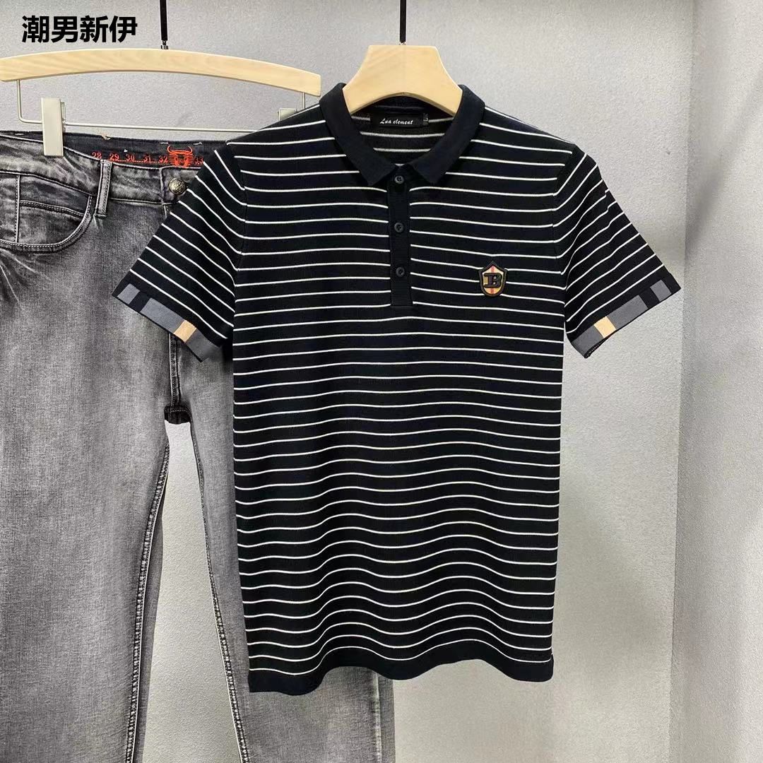 男士条纹商务polo衫秋冬新款针织衫半袖修身短袖毛衣潮牌翻领t恤