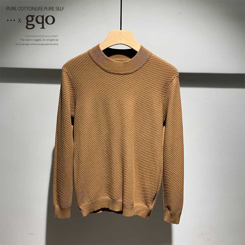 GQO个性条纹半高领毛衣打底衫秋冬新款男韩版修身长袖中领针织衫