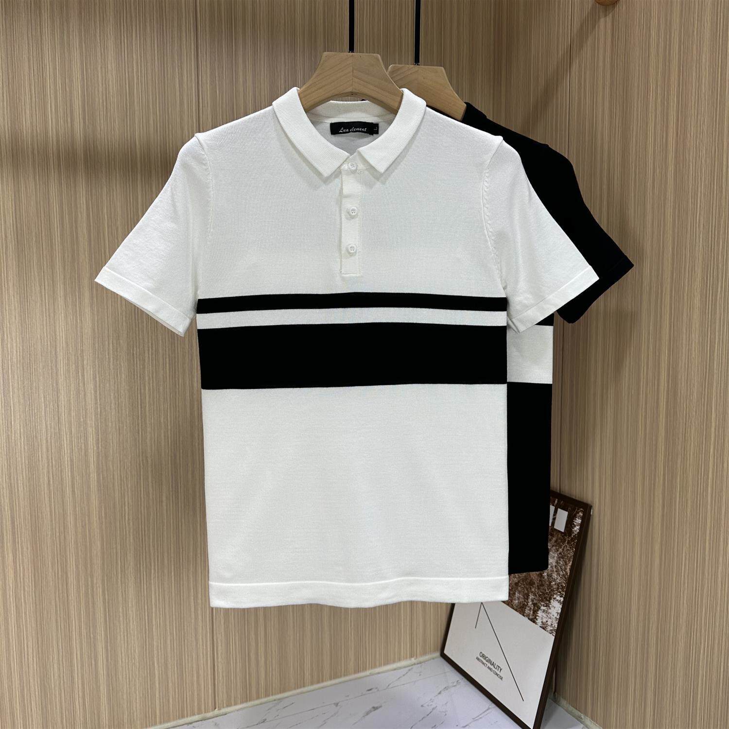 夏季高级感条纹冰丝针织短袖POLO衫男士潮流韩版修身青年帅气男装