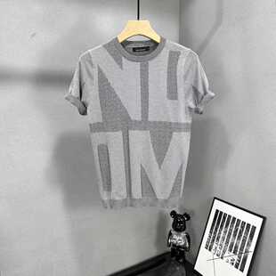 2023新款冰丝短袖男士欧洲站针织t恤修身时尚打底衫半袖潮牌上衣