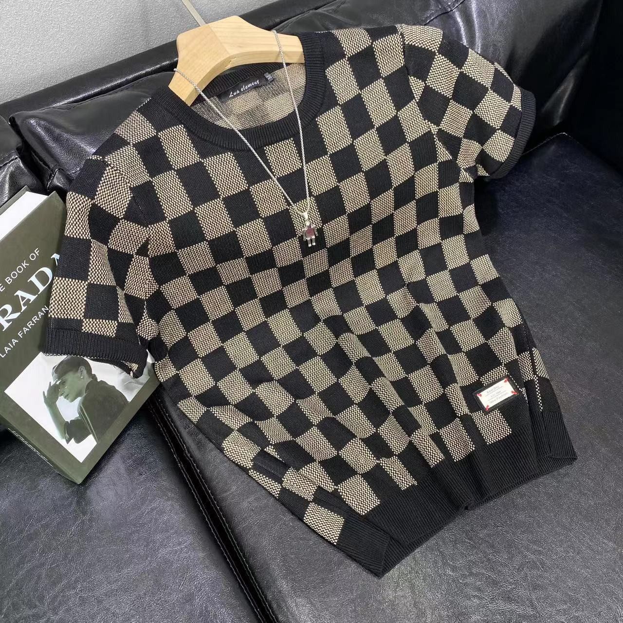 秋冬新品短袖毛衣男半袖针织衫加厚格子提花圆领修身半截袖上衣