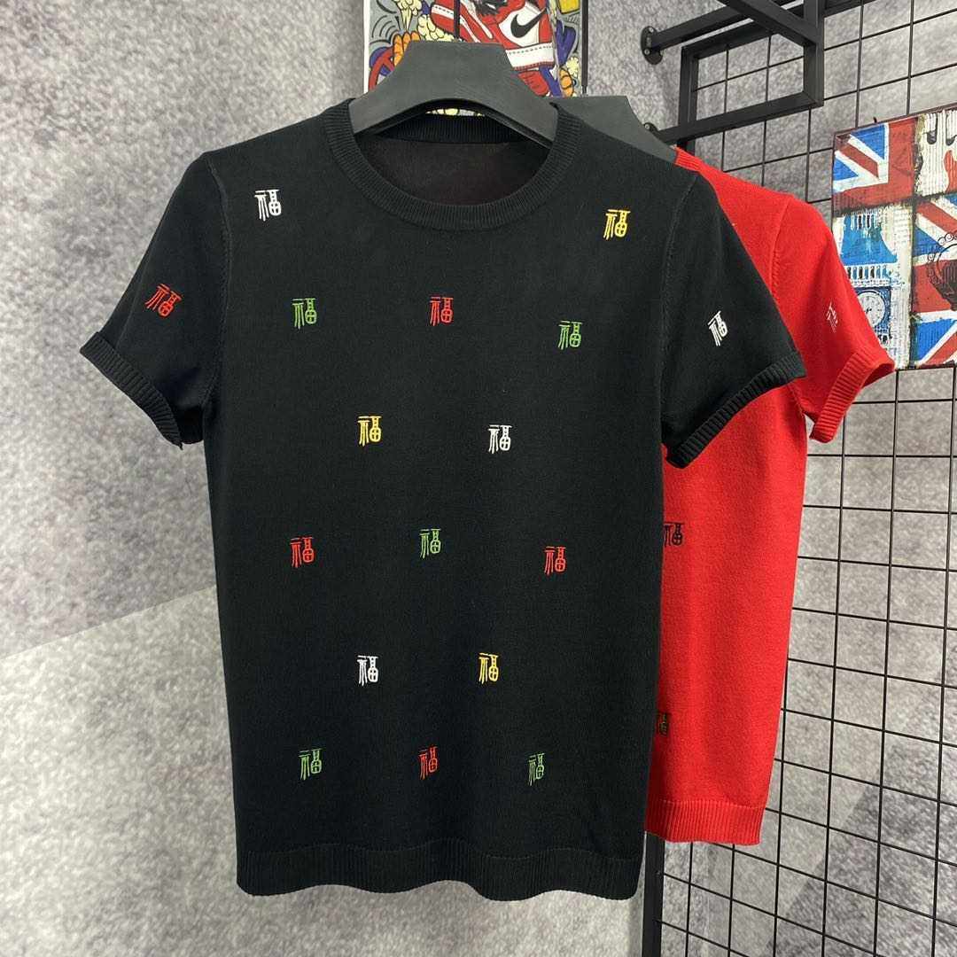 男士刺绣毛衣春季打底短袖针织衫字母红色本命年半袖圆领潮流线衣