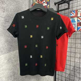 男士刺绣毛衣春季打底短袖针织衫字母红色本命年半袖圆领潮流线衣