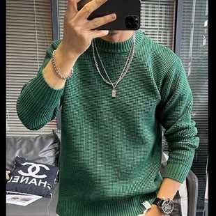 华夫格毛衣男2023秋冬季新款爆款纯色冬季宽松针织休闲加厚打底衫