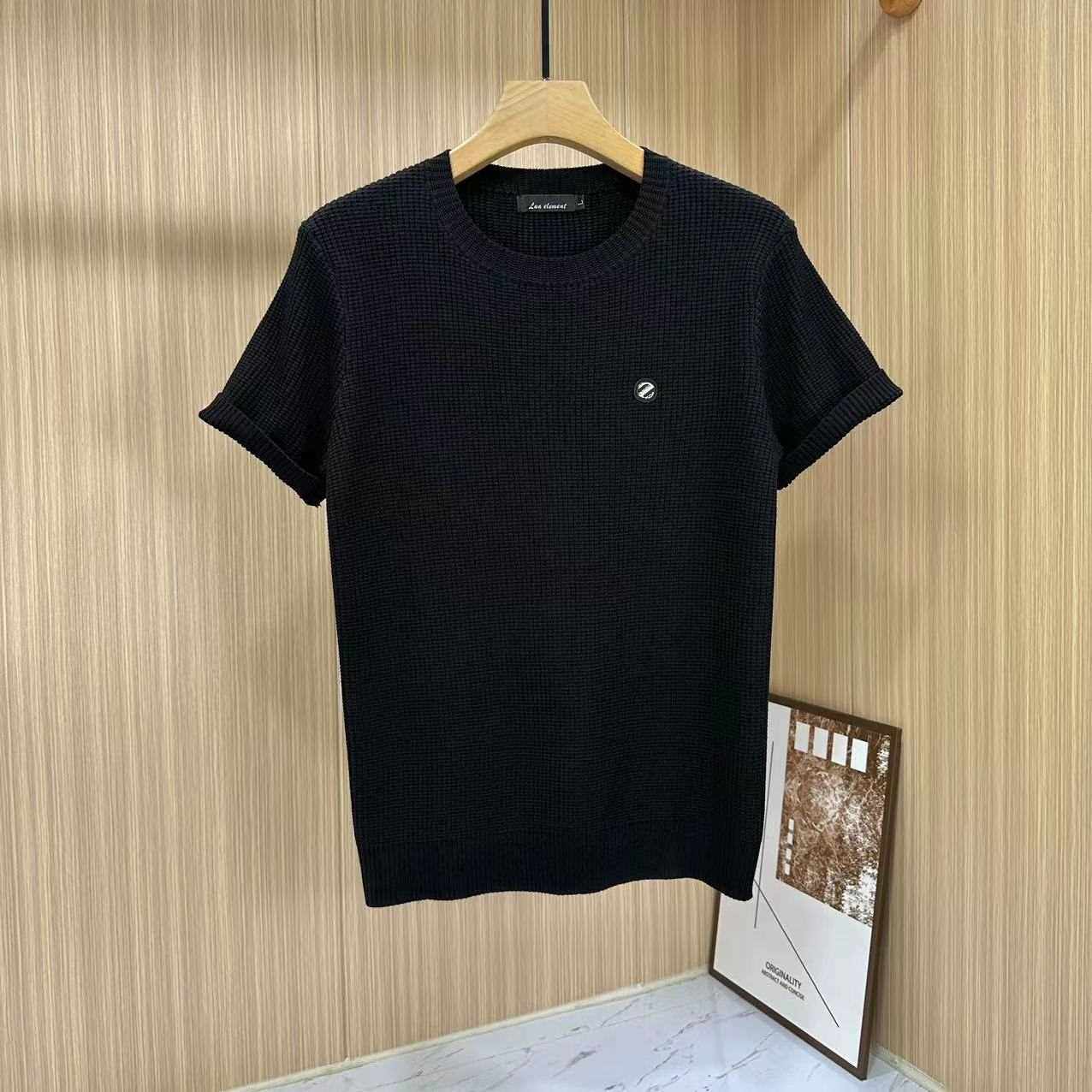 男士针织短袖潮牌潮流圆领半袖华夫格半截袖打底衫秋季男款毛衣T