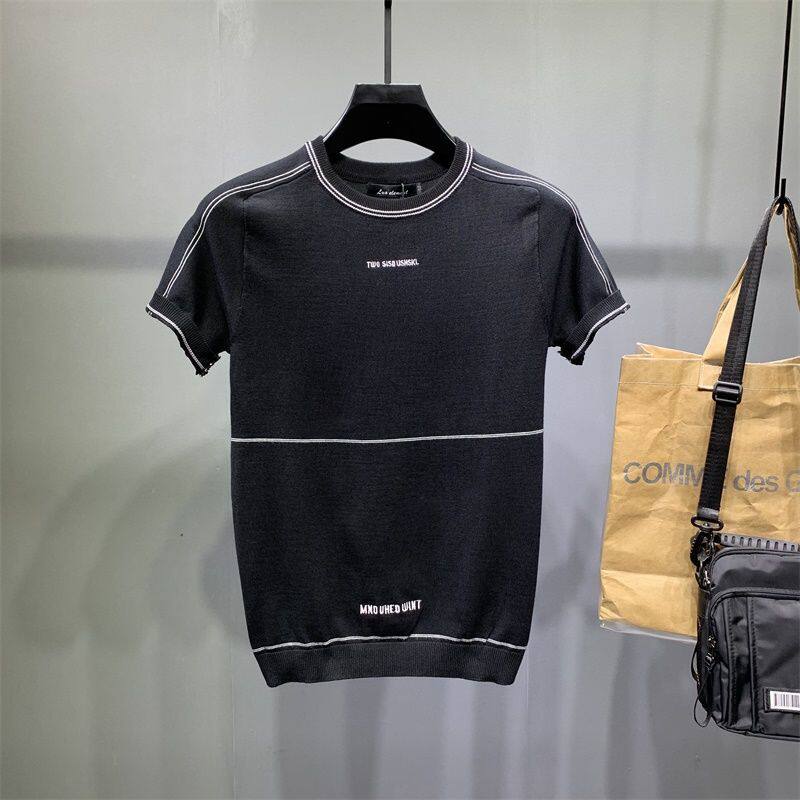 撞色线条装饰短袖毛衣字母绣花男士秋冬半截袖大码半袖黑色针织衫