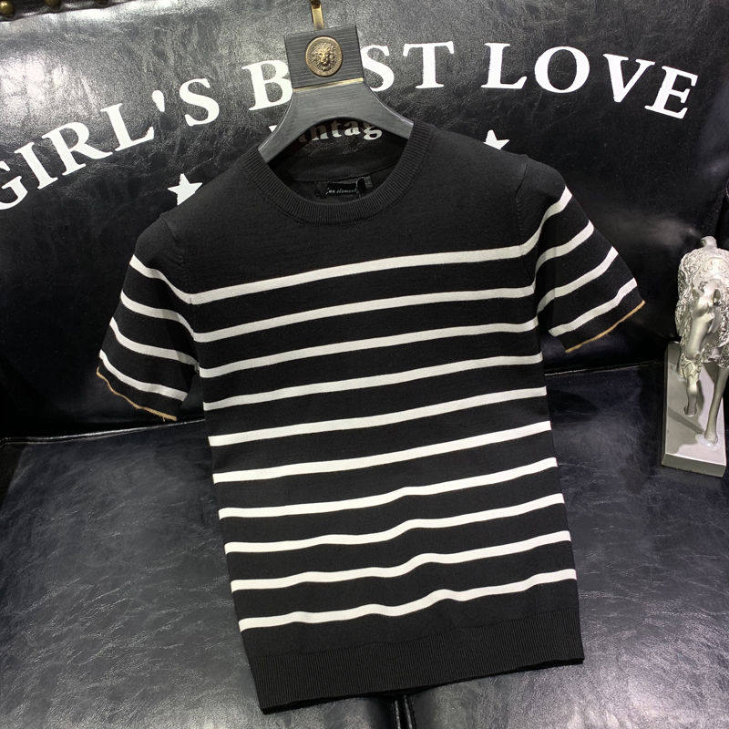 韩版休闲男士圆领冰丝短袖POLO衫针织衫条纹T恤时尚翻领薄款潮牌