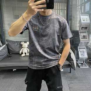 2023新款夏季短袖t恤男人物刺绣半袖潮牌韩版印花圆领卡通男修身