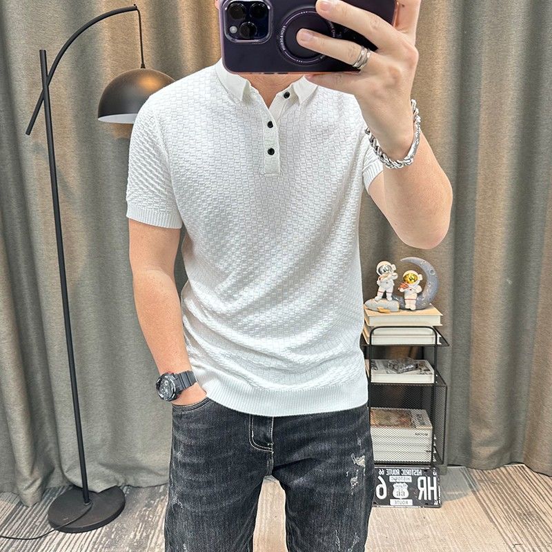 翻领针织衫男夏百搭男士polo领短袖毛衣弹力紧身青年翻领个性T恤