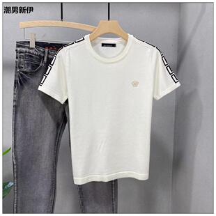 2022短袖线衣男圆领修身潮流刺绣字母男士半袖毛衣白色针织厚T恤