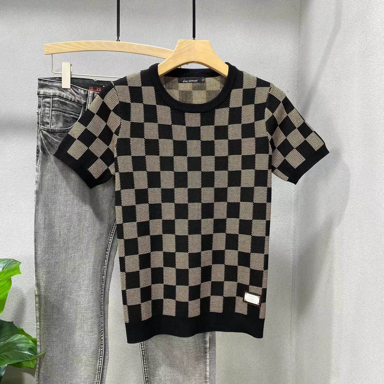 短袖毛衣男秋冬格子半袖针织衫加厚半截袖内搭弹力紧身打底衫线衣