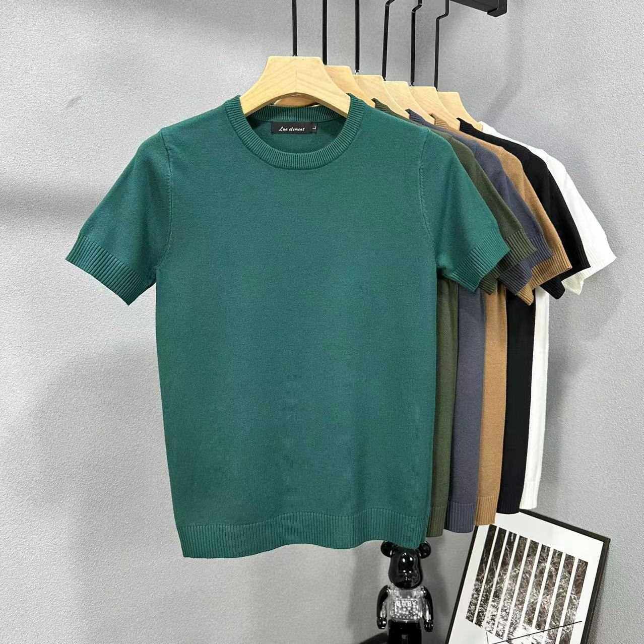 男士短袖针织衫2023秋冬新款打底衫个性纯色潮流青年毛衣大码线衫