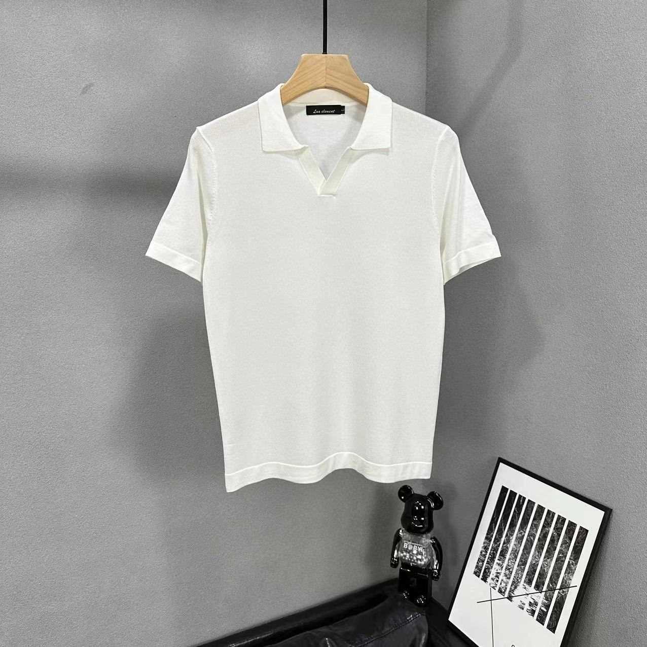 2023夏季极简纯色八字领翻领t恤男短袖英伦时尚针织冰丝polo衫男