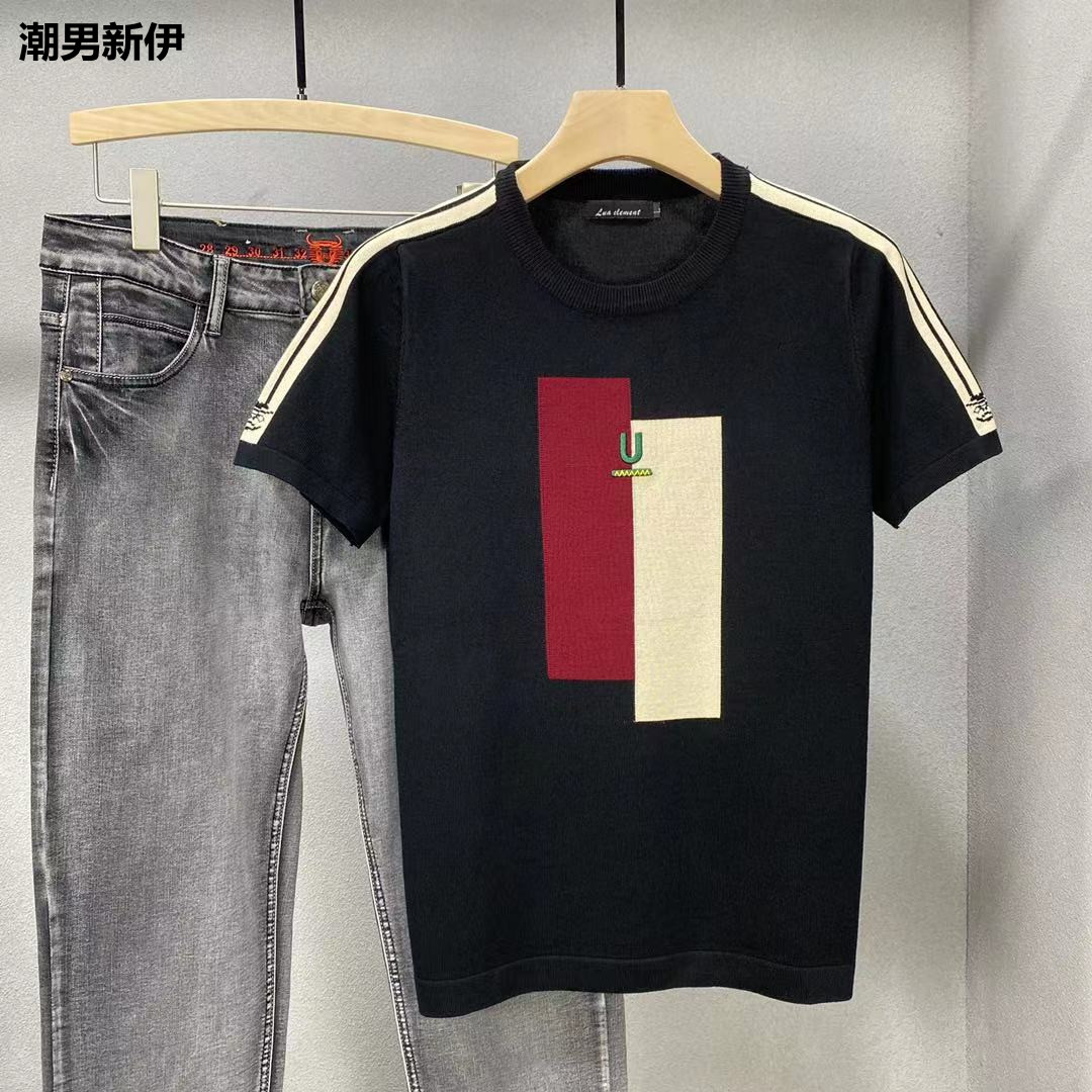 拼色刺绣半袖社会人修身打底衫