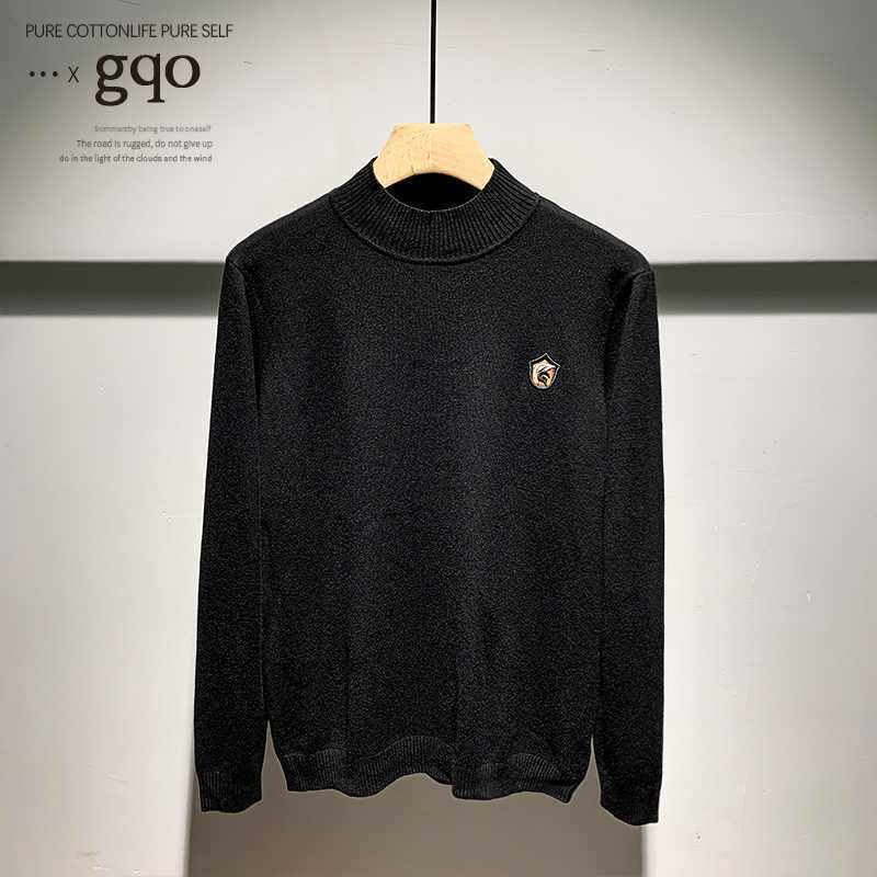 GQO轻奢个性刺绣圆领针织衫秋冬新款男复古纯色休闲套头毛衣