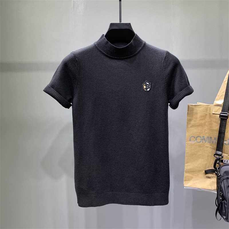 男士半高领短袖毛衣字母绣标针织衫韩版紧身冬季打底衫潮流半袖厚