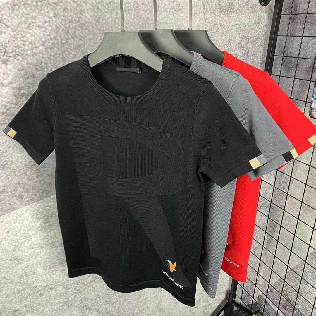 男士字母提花针织衫半袖秋冬季大码青年韩版修身短袖毛衣圆领毛衫