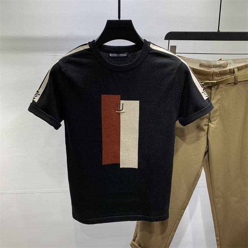 男拼色针织衫半袖毛衣春秋季百搭短袖冬季厚款潮流男装针织半截袖