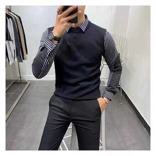 衬衫领假两件毛衣男装2022新款秋装上衣修身加绒加厚打底针织衫男