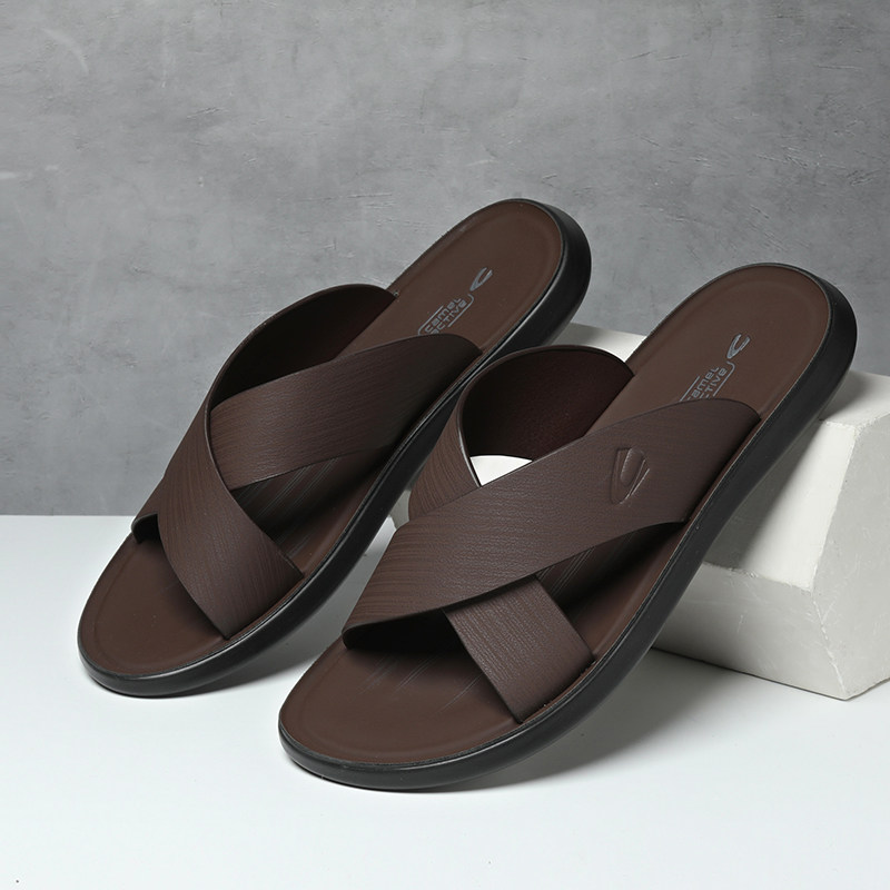 德国骆驼动感头层牛皮拖鞋男室外外穿一字拖真皮软底软皮沙滩凉鞋