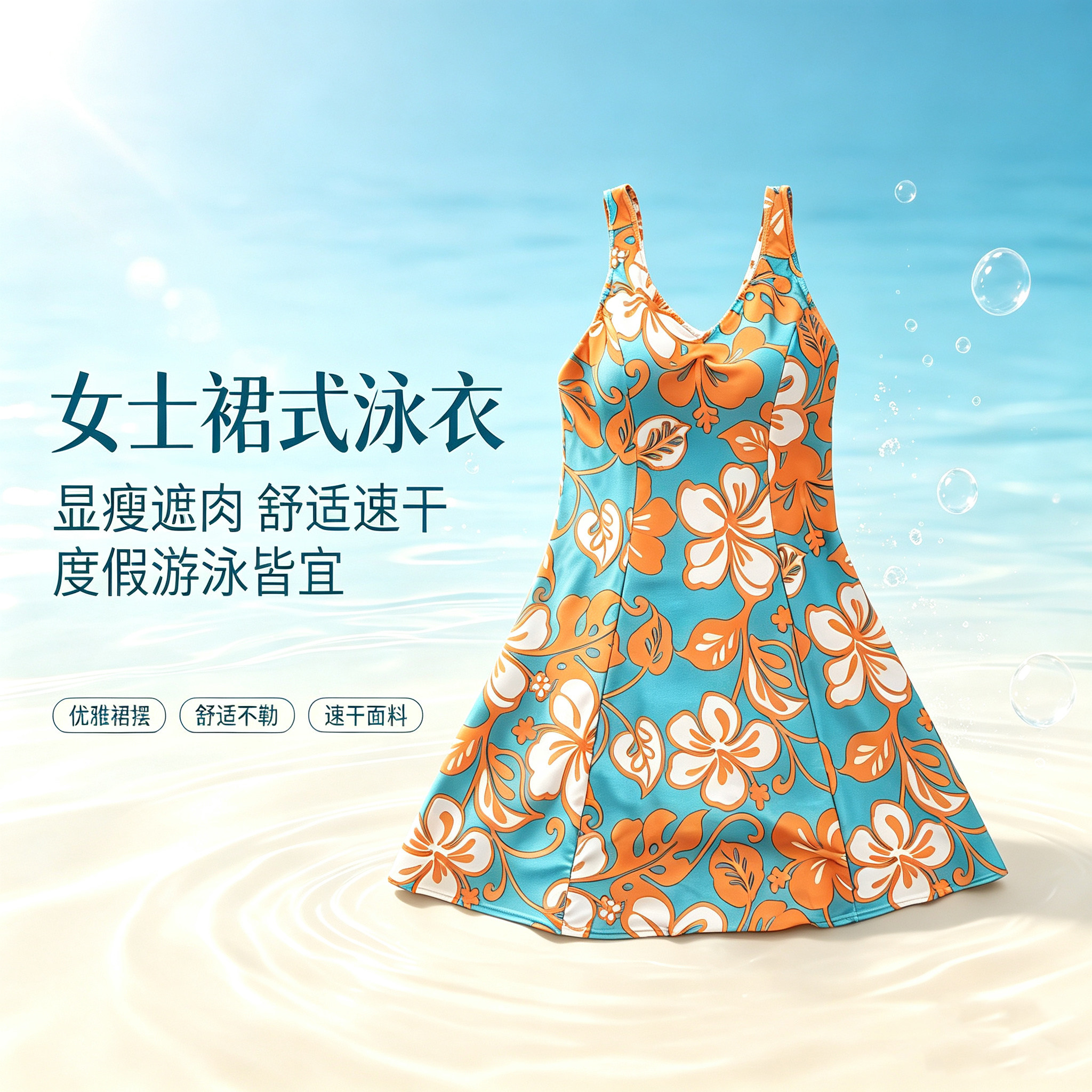 女士裙式连体大码泳衣温泉休闲修身泳装保守中长款遮臀漂流出游穿