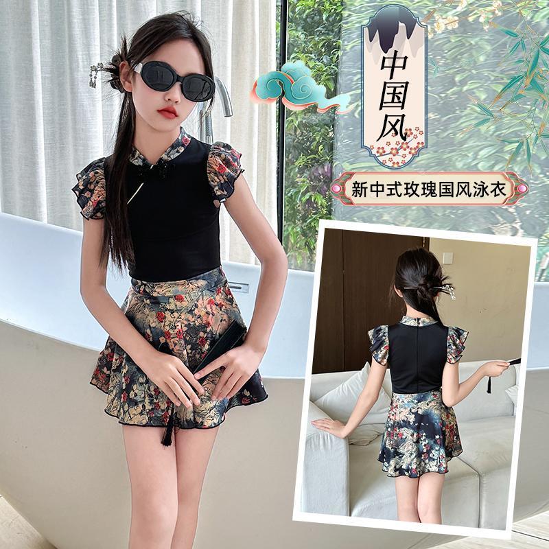 网红中国风泳衣2025新款儿童碎花女孩高级感中大童母女分体泳装