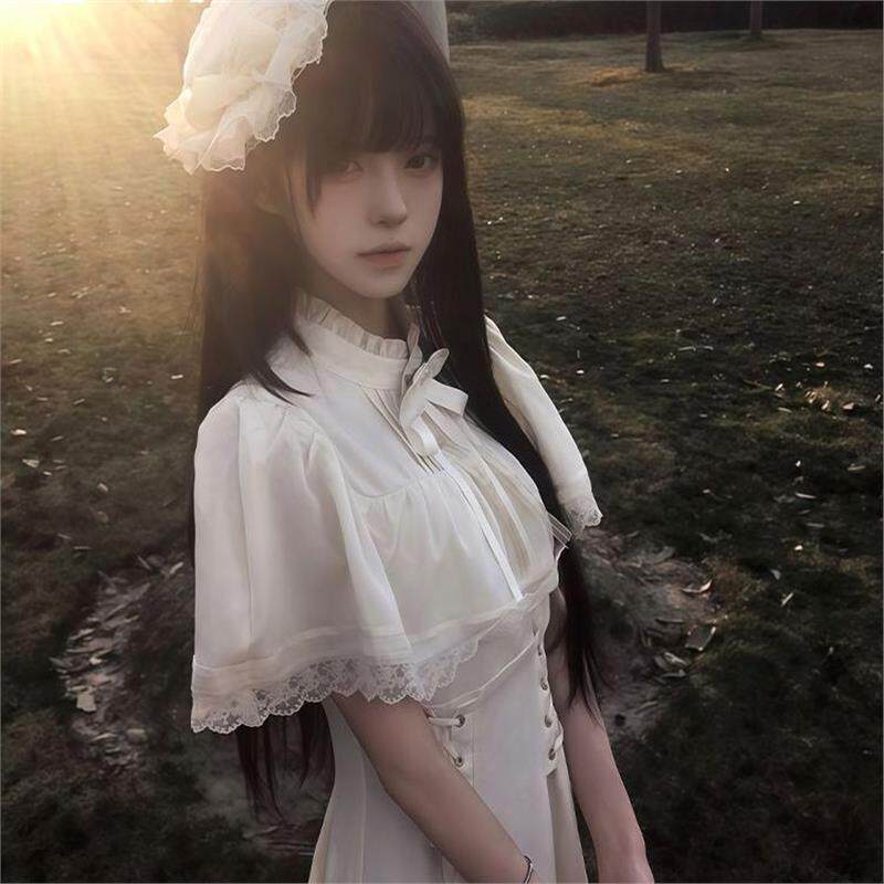 白色哥特风长裙Lolita宫廷风短袖收腰斗篷连衣裙女2026年夏季新款