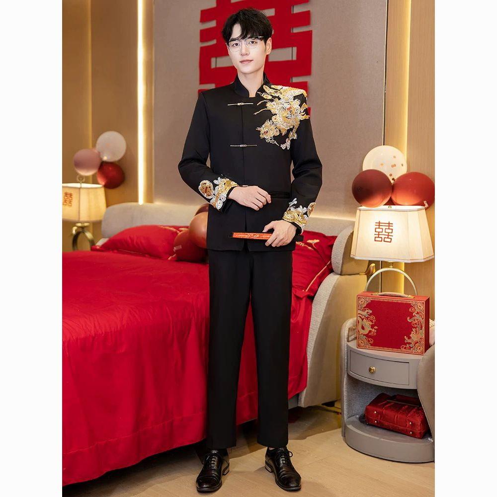 新中式中山装结婚新郎订婚礼服男士立领西服新式中山装中国风唐装