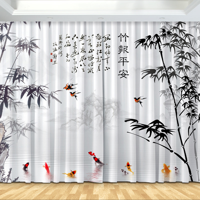 国风禅意水墨竹子遮阳印花窗帘挂钩式不退色卧室客厅落地窗飘窗帘