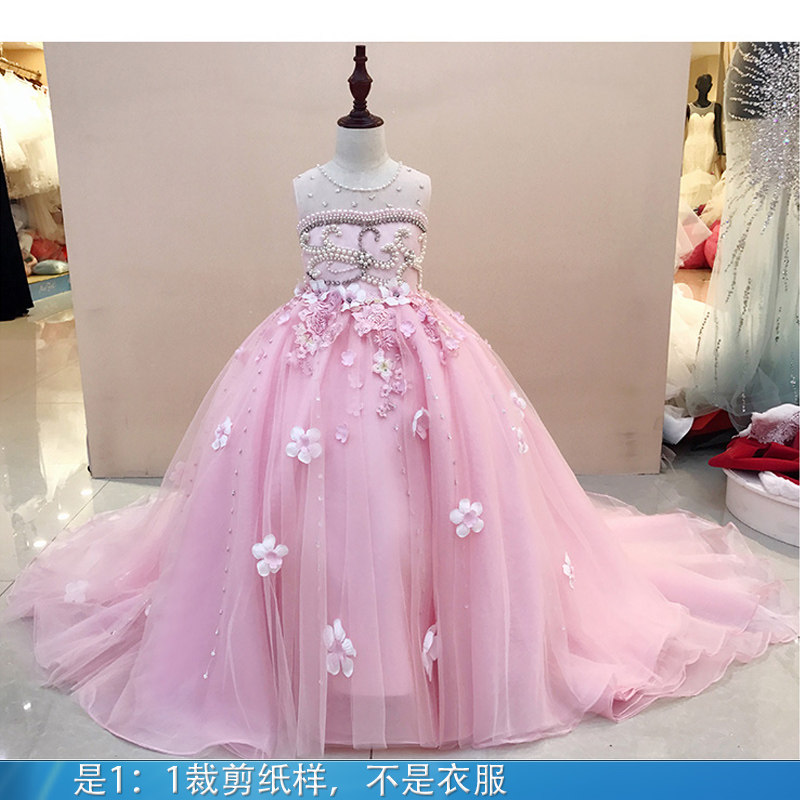 公主裙女童纸样蓬蓬纱走秀生日高贵长款拖尾小花童演出儿童晚礼服