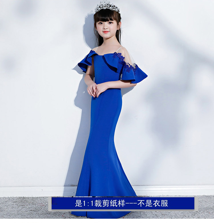 纸样女童年会小主持人晚礼服演出服一字肩飞飞袖长款鱼尾裙图纸
