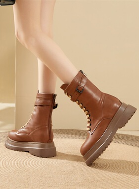 真皮2024新款加绒马丁靴松糕厚底系带中筒女鞋靴内增高大头单靴子